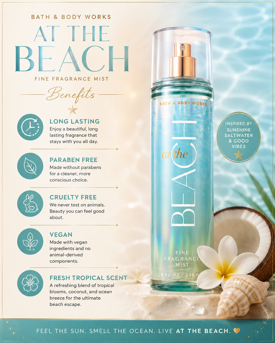 At The Beach Fine Fragrance Mist β Tropical Coconut & Sea Breeze Body Spray 236ml