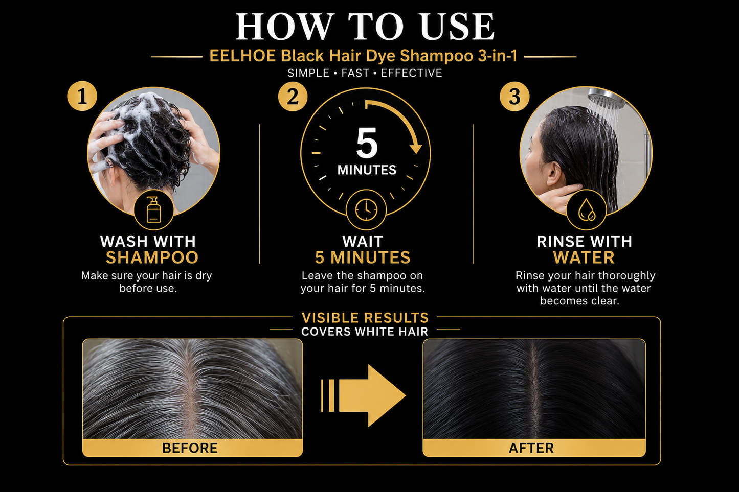 EELHOE Black Hair Dye Shampoo 3-in-1 500ml | Instant Hair Color Shampoo | Moisturizing Hair Care