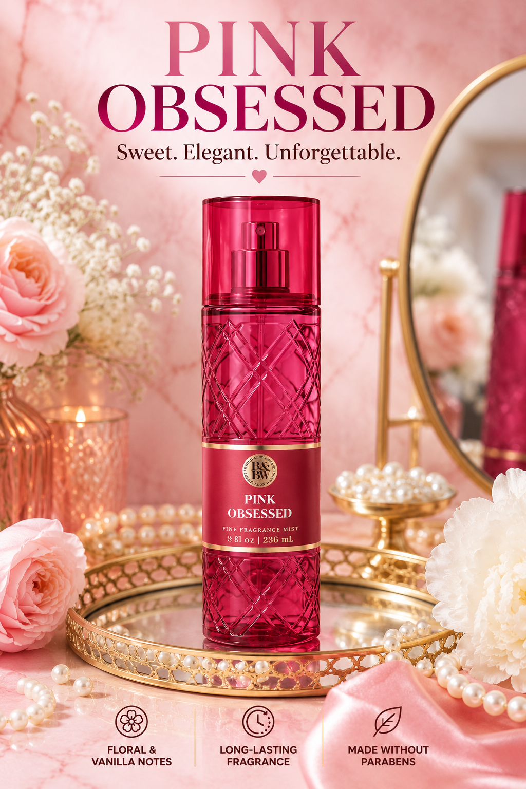 Pink Obsessed Fine Fragrance Mist – Long-Lasting Sweet Floral Body Spray 236ml