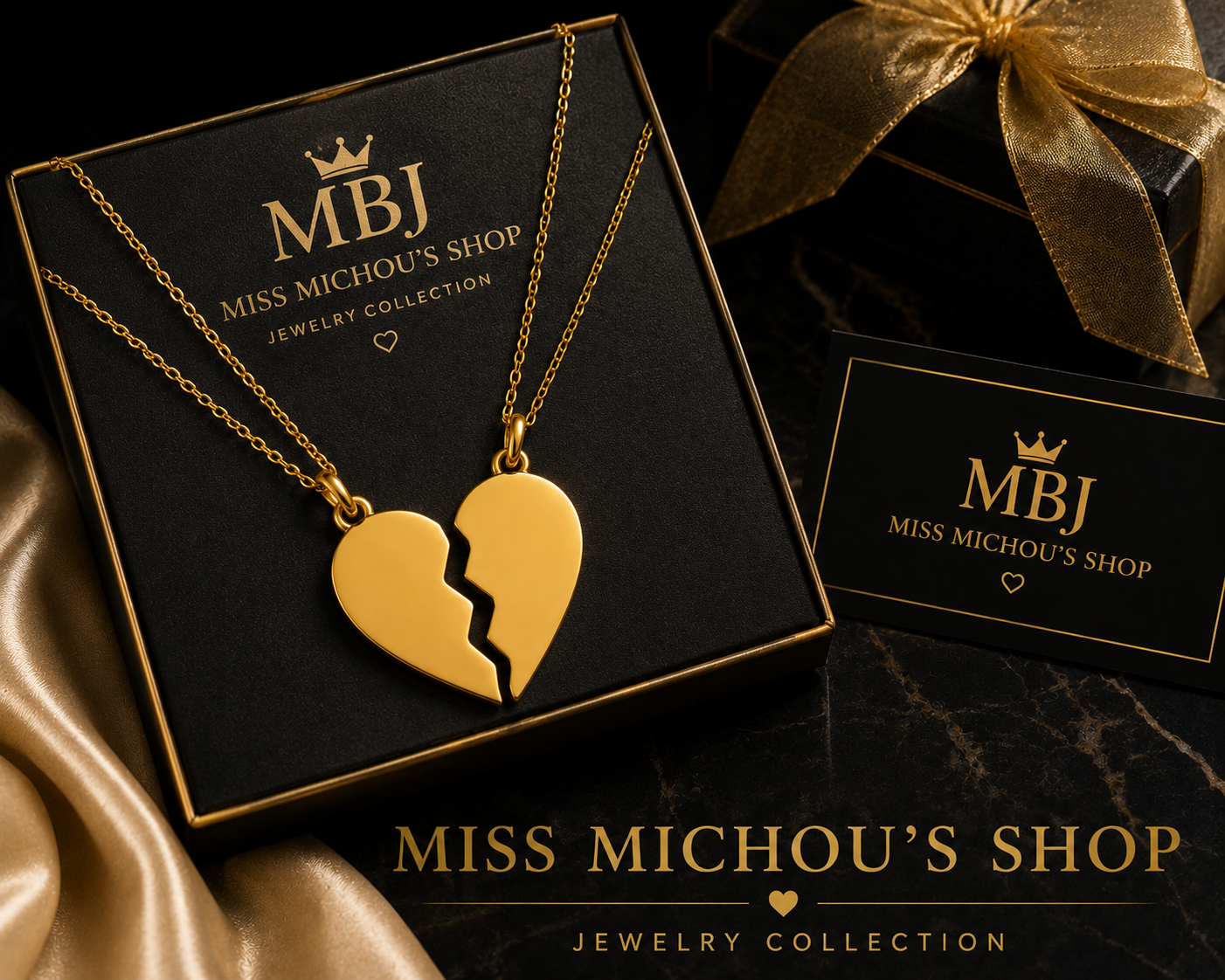 Gold Break Apart Heart Necklace Set