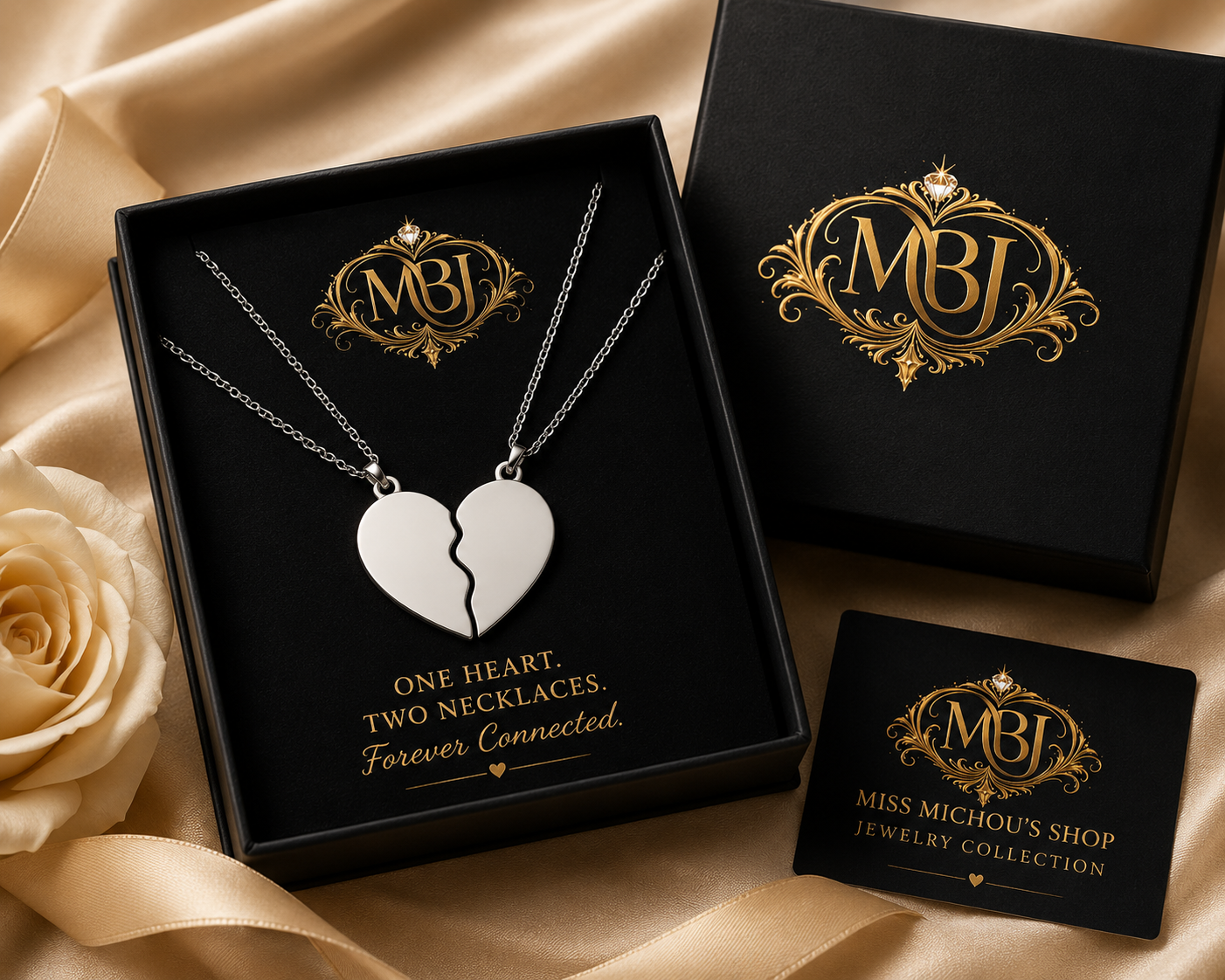 Silver Break Apart Engravable Heart Necklace Set