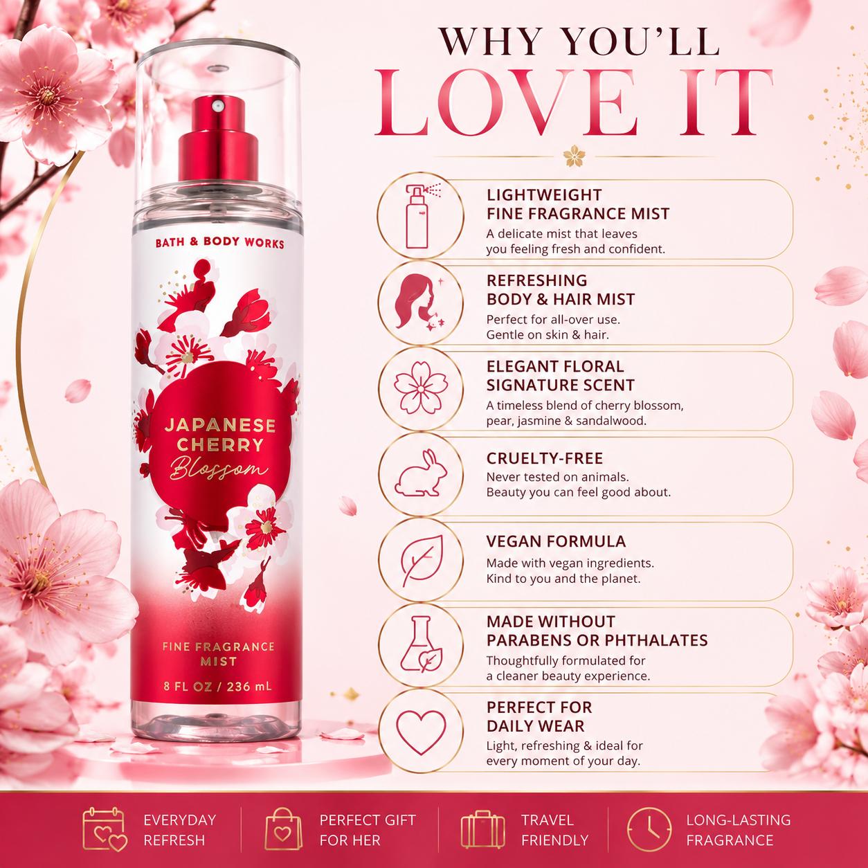 Bath & Body Works Japanese Cherry Blossom Fine Fragrance Mist β 8 fl oz / 236 mL