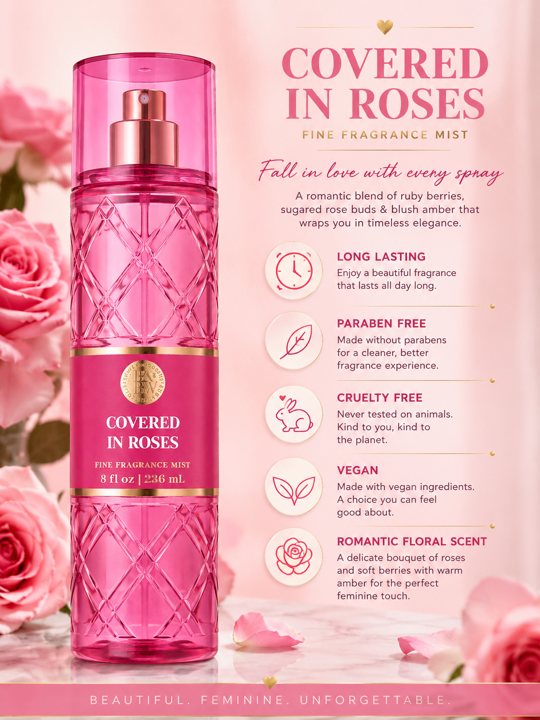 Covered In Roses Fine Fragrance Mist β Sweet Rose & Amber Body Spray 236ml