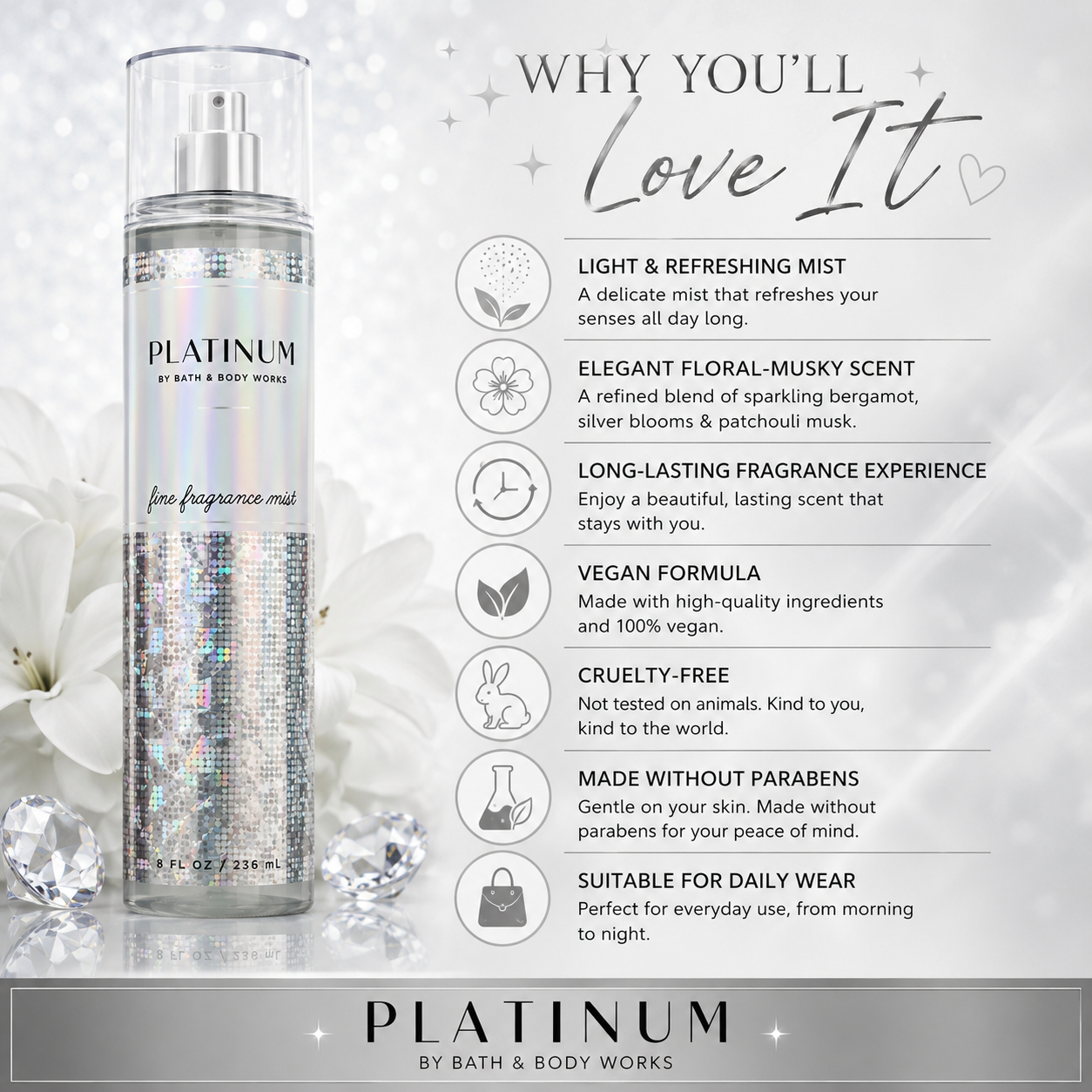 Bath & Body Works Platinum Fine Fragrance Mist – Sparkling Bergamot, Silver Blooms & Patchouli Musk (8 oz)