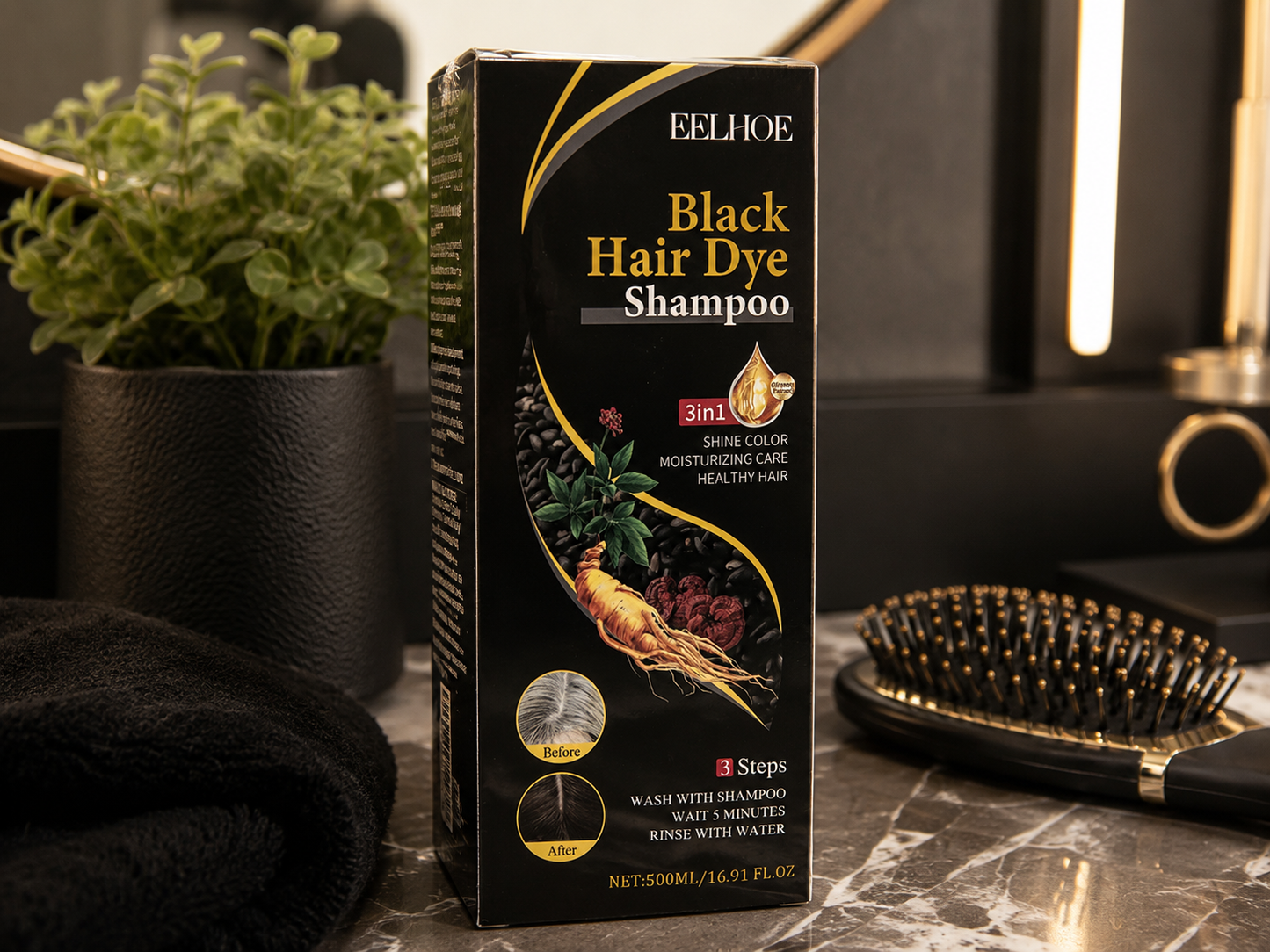 EELHOE Black Hair Dye Shampoo 3-in-1 500ml | Instant Hair Color Shampoo | Moisturizing Hair Care