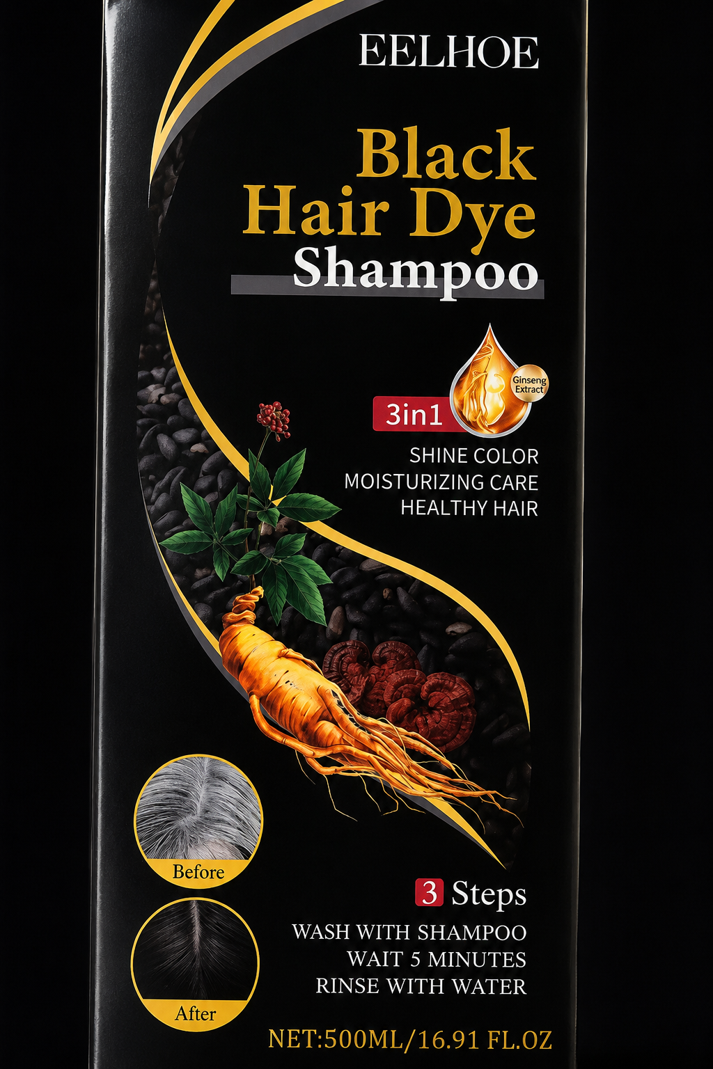 EELHOE Black Hair Dye Shampoo 3-in-1 500ml | Instant Hair Color Shampoo | Moisturizing Hair Care