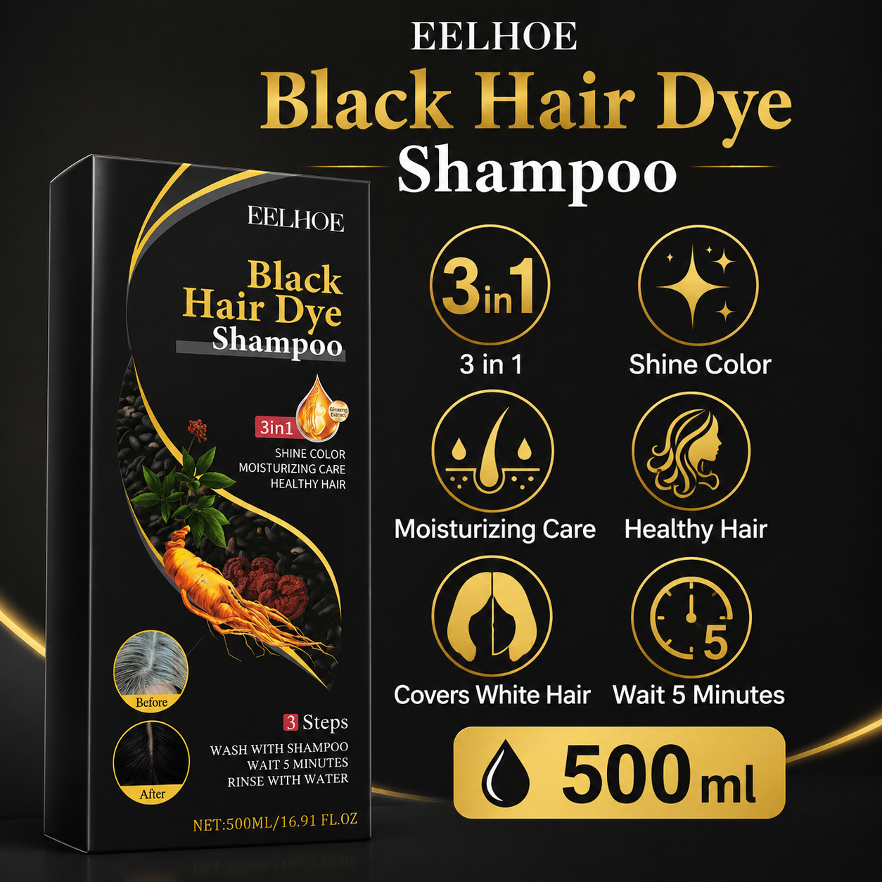 EELHOE Black Hair Dye Shampoo 3-in-1 500ml | Instant Hair Color Shampoo | Moisturizing Hair Care