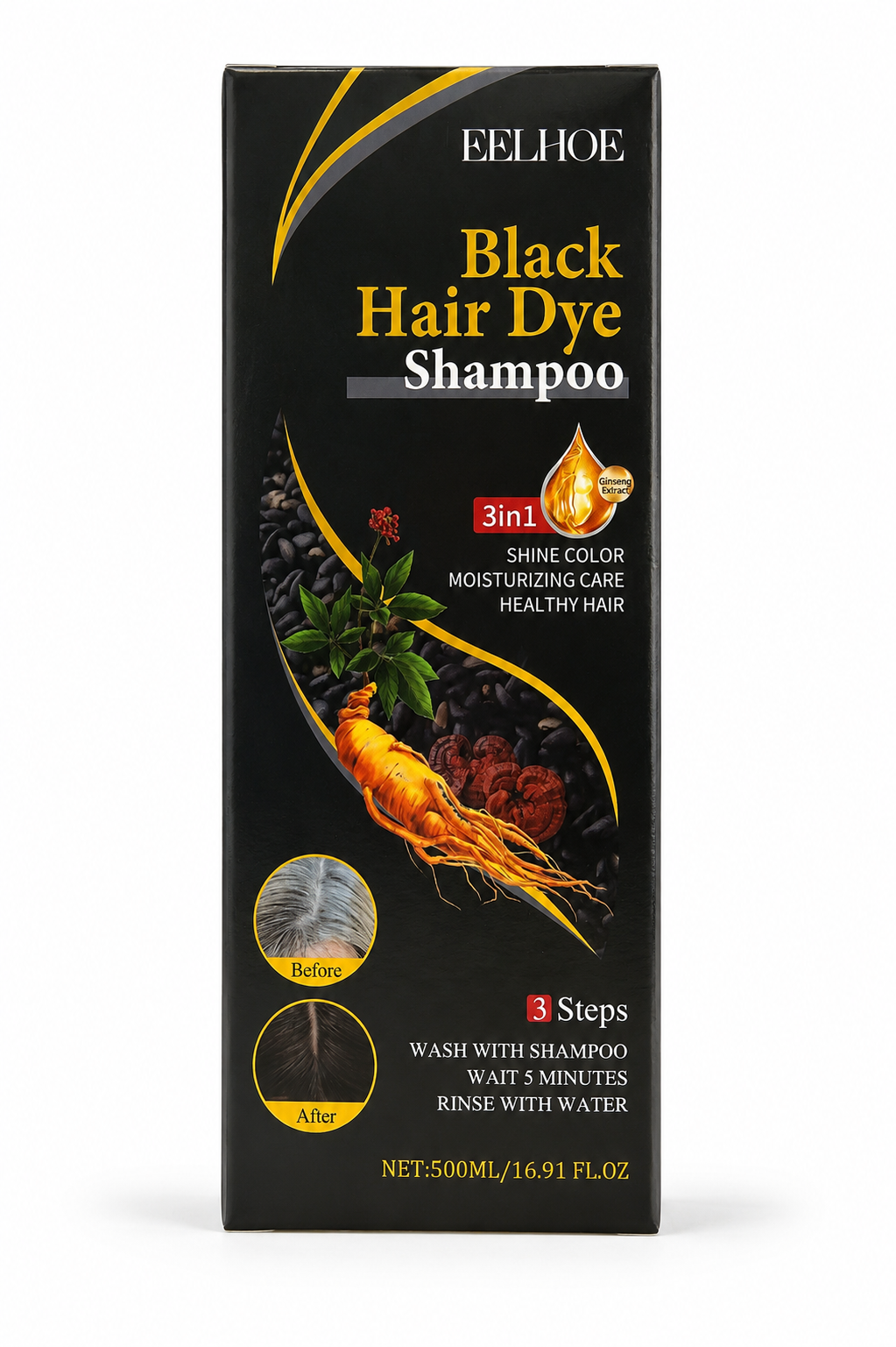 EELHOE Black Hair Dye Shampoo 3-in-1 500ml | Instant Hair Color Shampoo | Moisturizing Hair Care