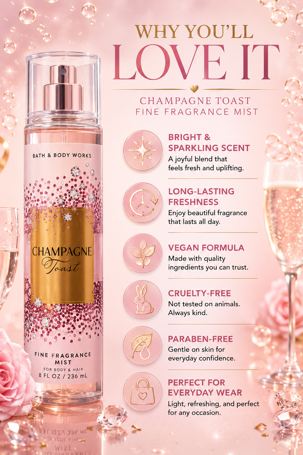 Bath & Body Works Champagne Toast Fine Fragrance Mist – Sparkling Fruity Body Spray for Women (8 fl oz / 236 mL)