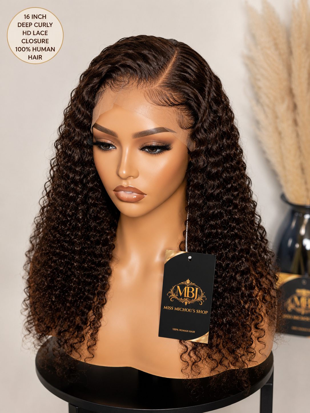 16" Deep Curly HD Lace Closure Wig – 100% Human Hair | Natural Brown | Miss Michou's Shop