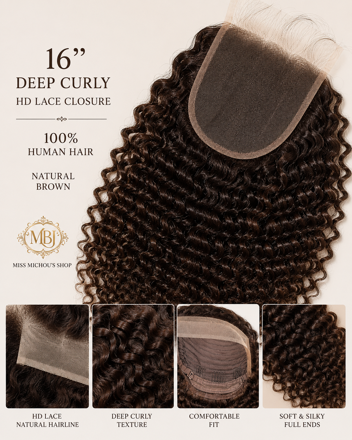 16" Deep Curly HD Lace Closure Wig – 100% Human Hair | Natural Brown | Miss Michou's Shop