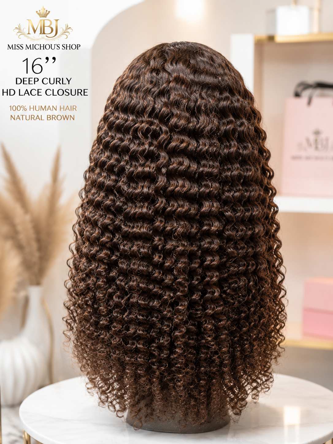 16" Deep Curly HD Lace Closure Wig – 100% Human Hair | Natural Brown | Miss Michou's Shop