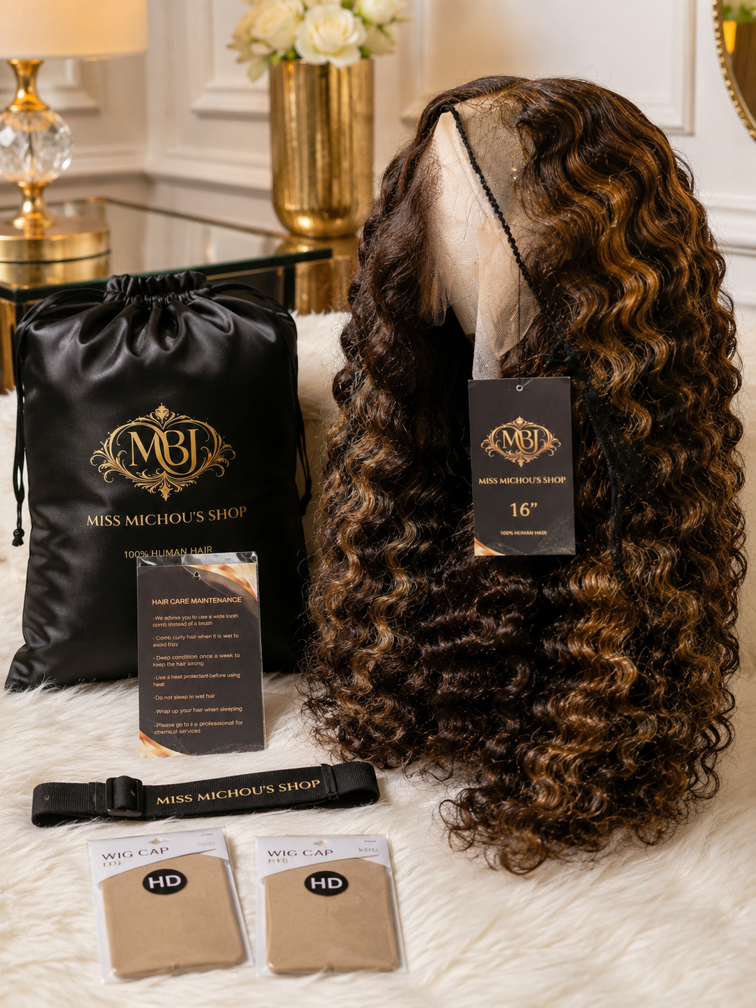 Miss Michou's Shop 16" Deep Wave HD Lace Closure Wig – Brown Highlight | 100% Human Hair