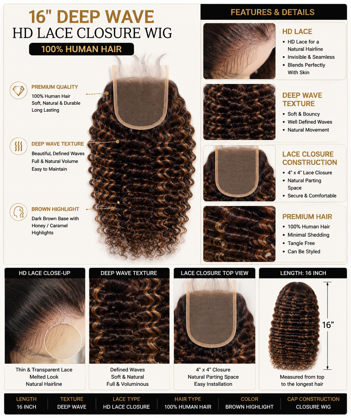Miss Michou's Shop 16" Deep Wave HD Lace Closure Wig – Brown Highlight | 100% Human Hair