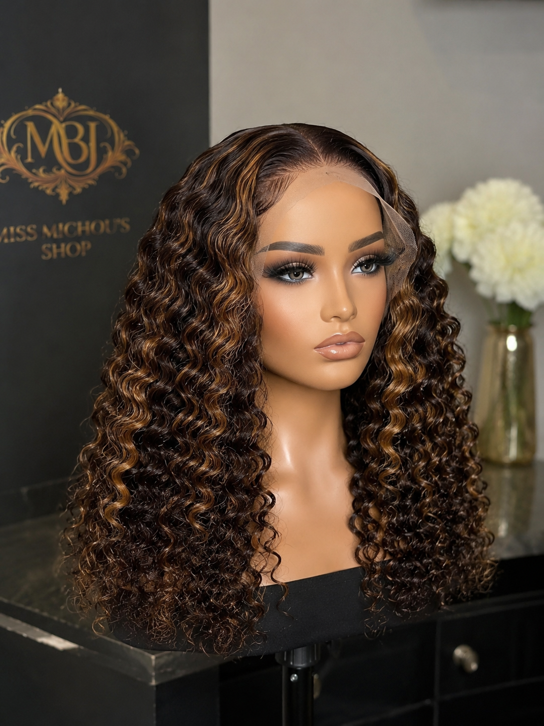 Miss Michou's Shop 16" Deep Wave HD Lace Closure Wig – Brown Highlight | 100% Human Hair