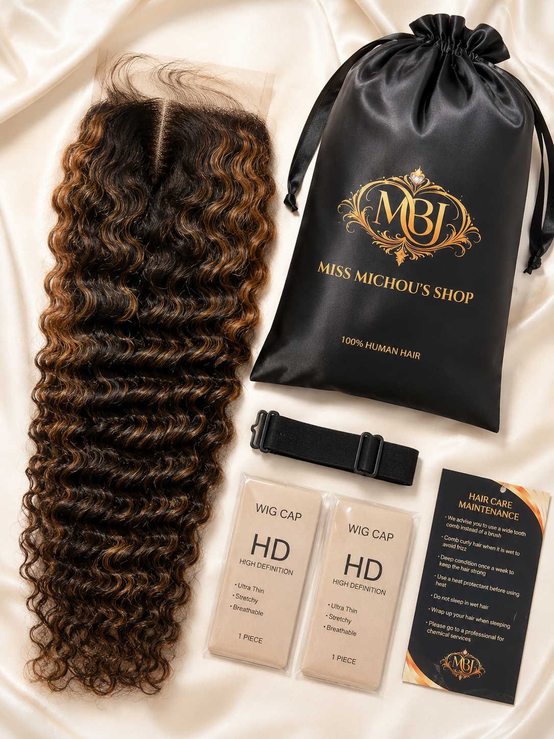 Miss Michou's Shop 16" Deep Wave HD Lace Closure Wig – Brown Highlight | 100% Human Hair