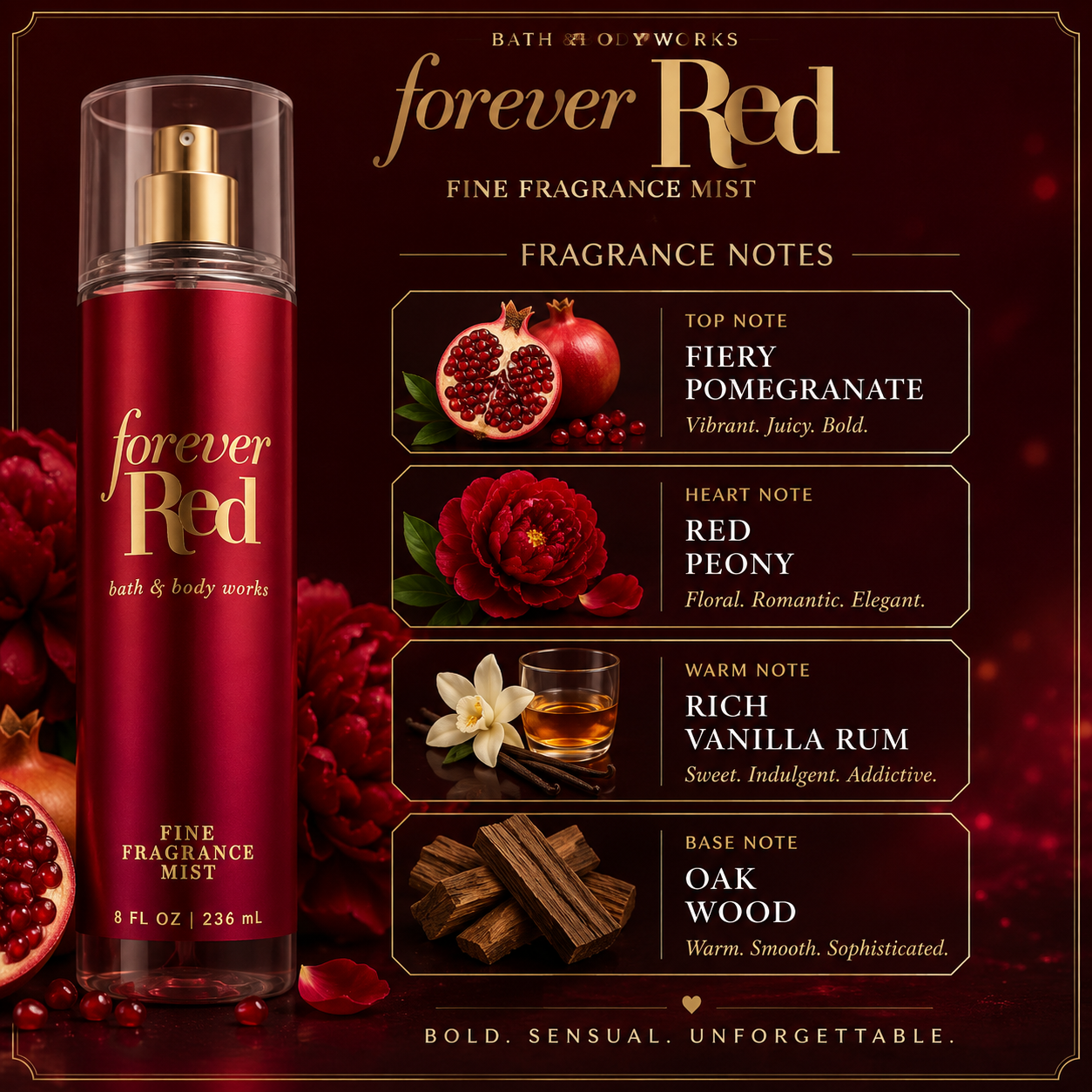 Forever Red Fine Fragrance Mist – Pomegranate, Peony & Vanilla Rum Body Spray 236ml