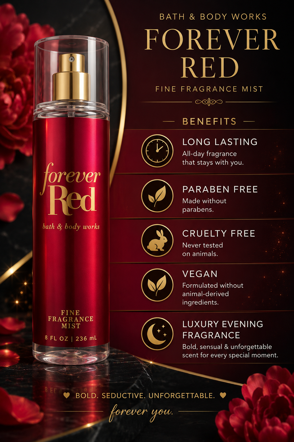 Forever Red Fine Fragrance Mist – Pomegranate, Peony & Vanilla Rum Body Spray 236ml