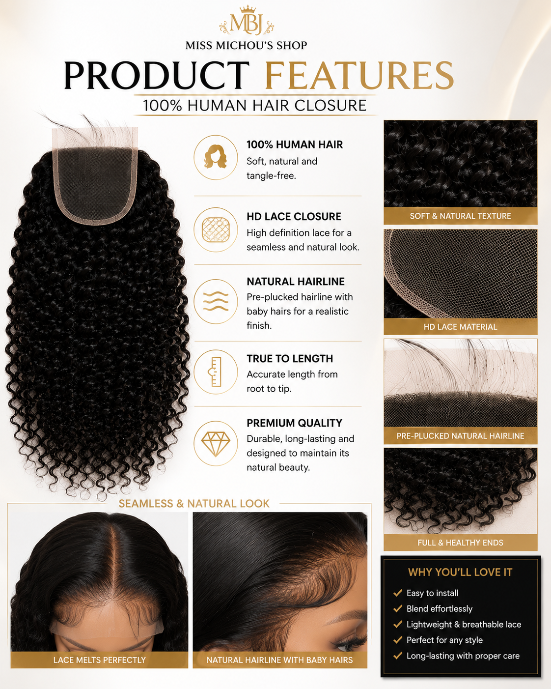 12" Deep Curly HD Lace Closures |Miss Michou's Shop 100% Human Hair Curly Lace Closure – Natural Black | Soft & Defined Curls