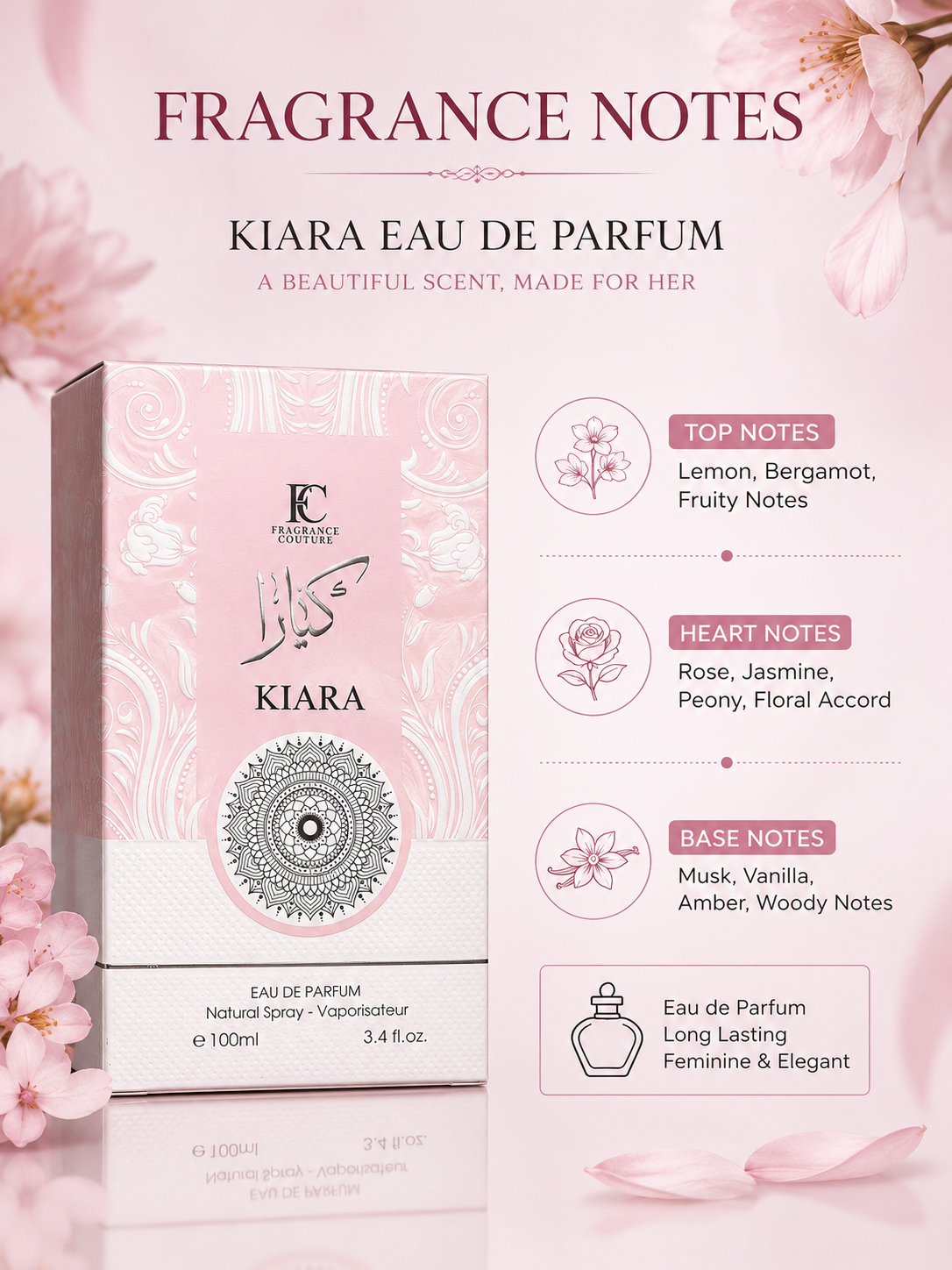 KIARA Eau de Parfum for Women 100ml (3.4 fl oz) | Floral Feminine Perfume | Fragrance Couture