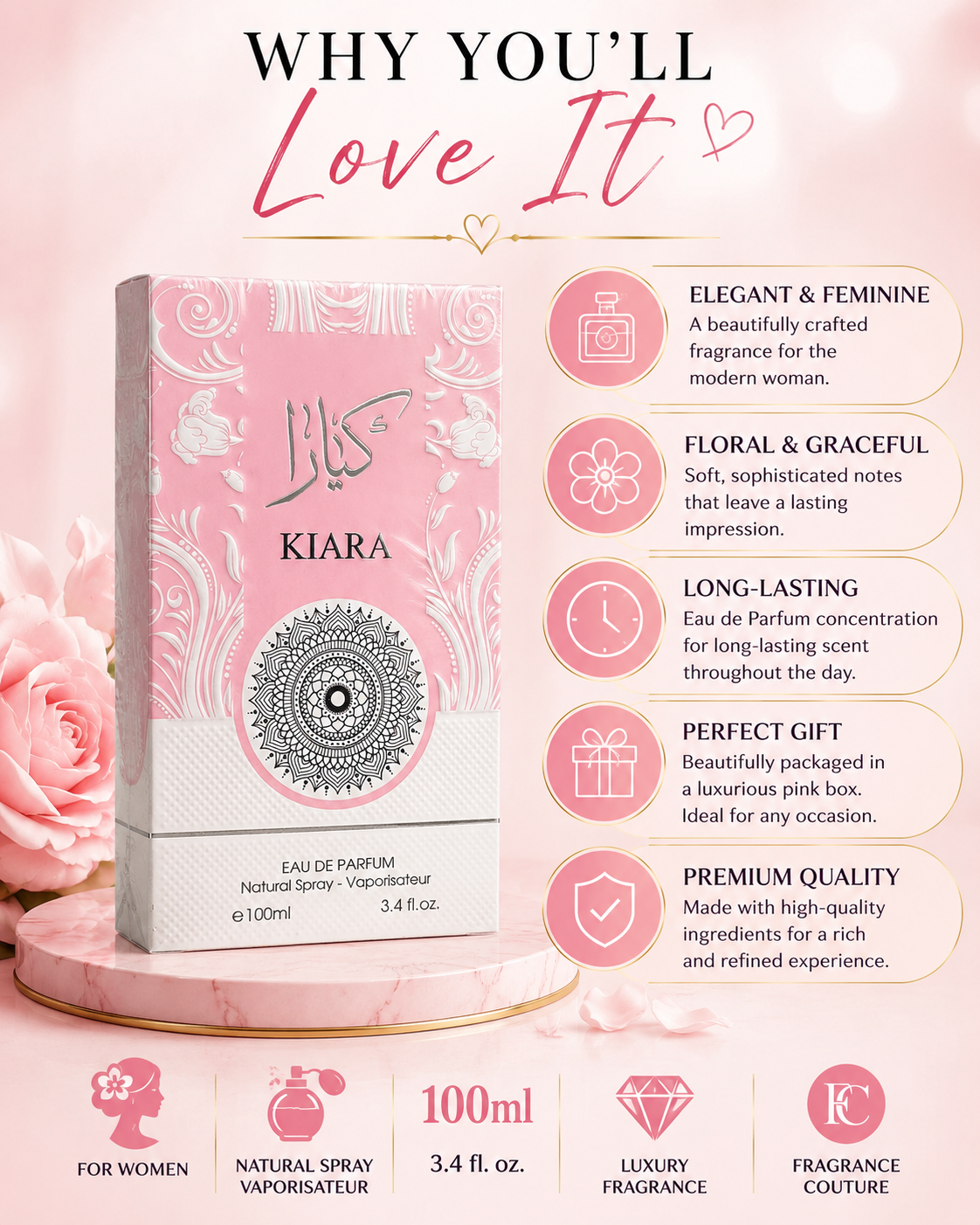KIARA Eau de Parfum for Women 100ml (3.4 fl oz) | Floral Feminine Perfume | Fragrance Couture