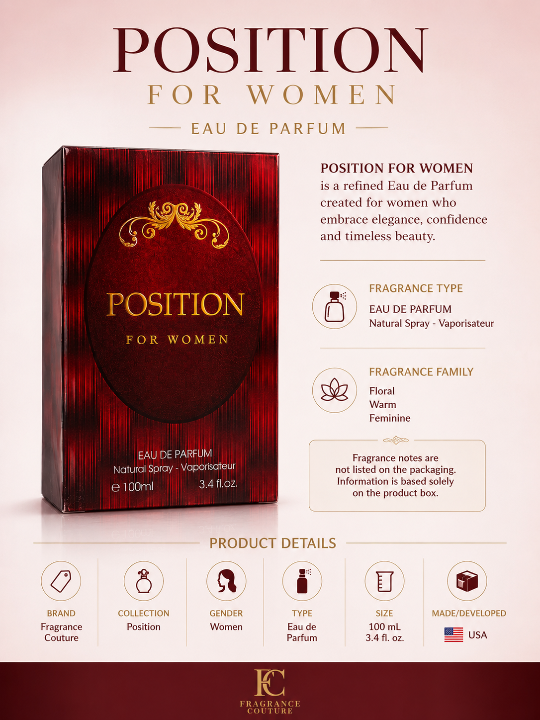 Position For Women Eau de Parfum Spray – 100 mL (3.4 fl oz)