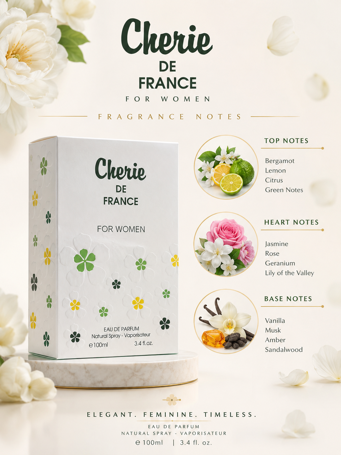 Cherie De France Eau De Parfum for Women 100ml (3.4 fl oz) – Elegant Floral Women's Perfume | Long Lasting Fragrance