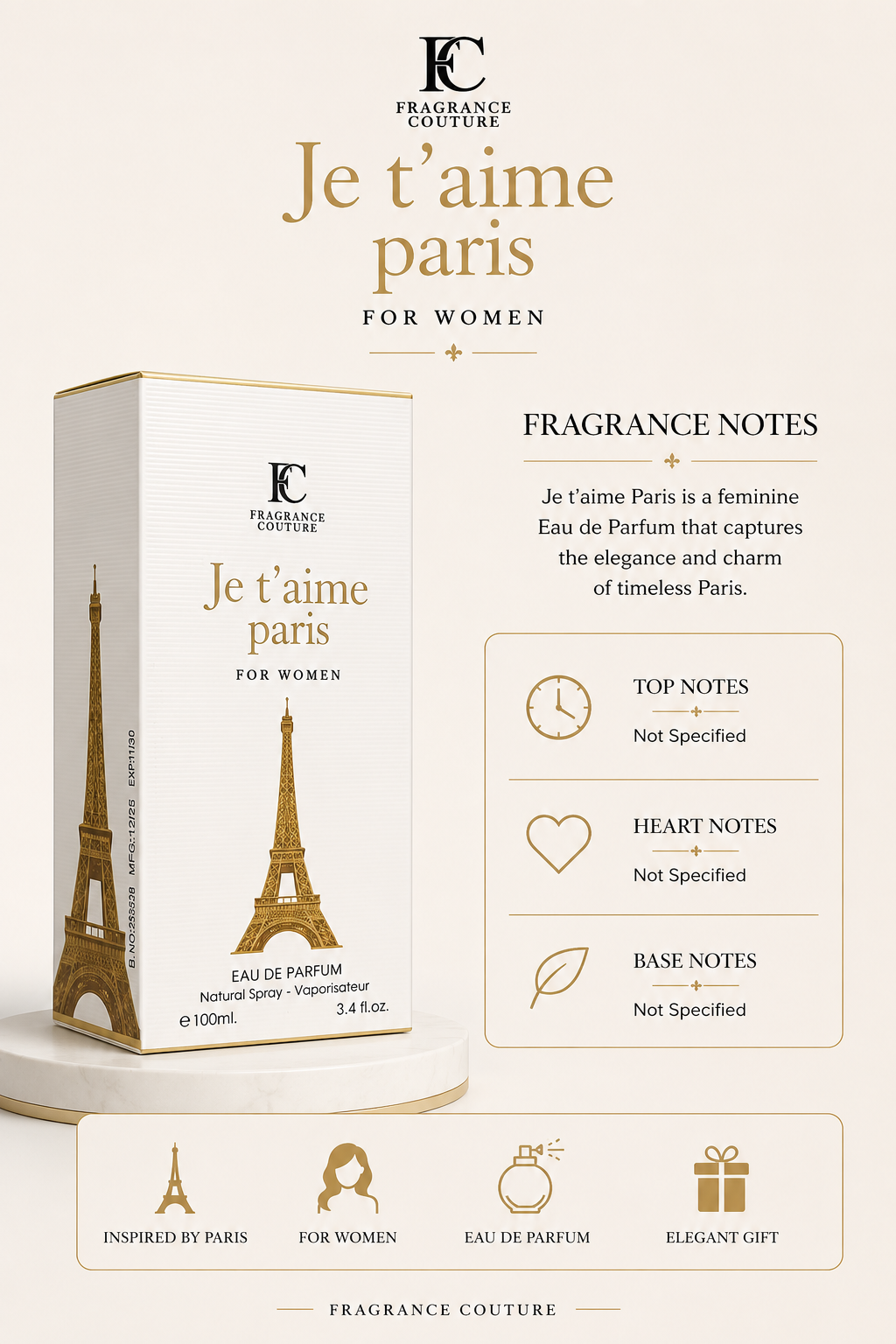 Je t'aime Paris Eau de Parfum for Women 100ml (3.4 fl oz) – Fragrance Couture Floral Perfume