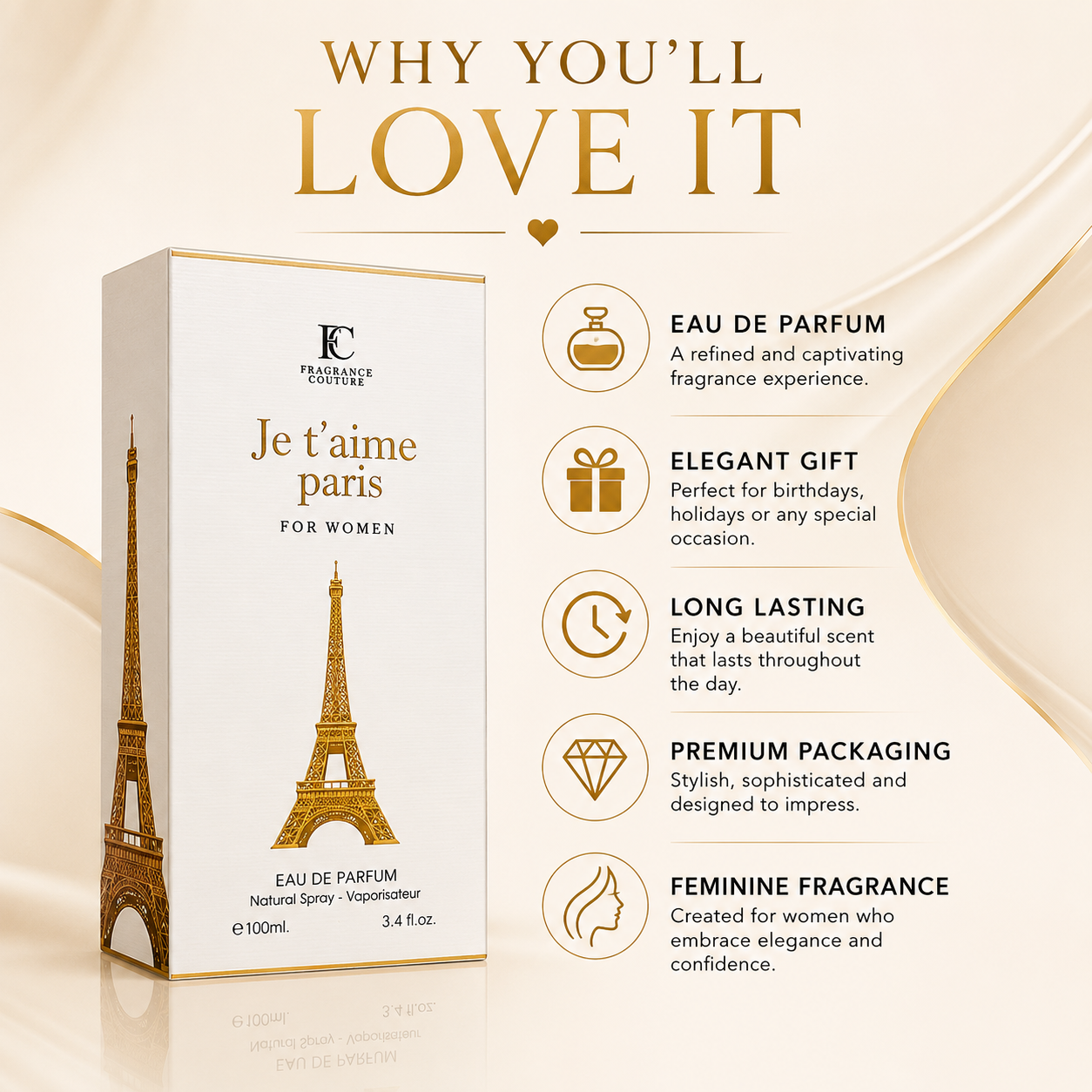 Je t'aime Paris Eau de Parfum for Women 100ml (3.4 fl oz) – Fragrance Couture Floral Perfume