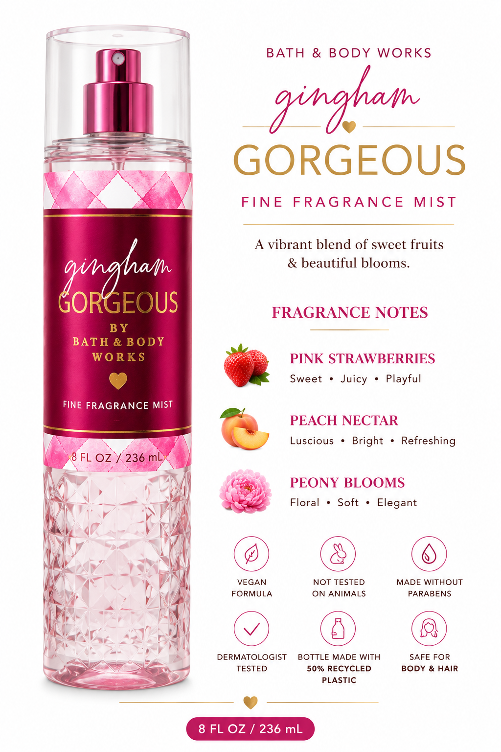 Bath & Body Works Gingham Gorgeous Fine Fragrance Mist for Body & Hair – 8 fl oz / 236 mL