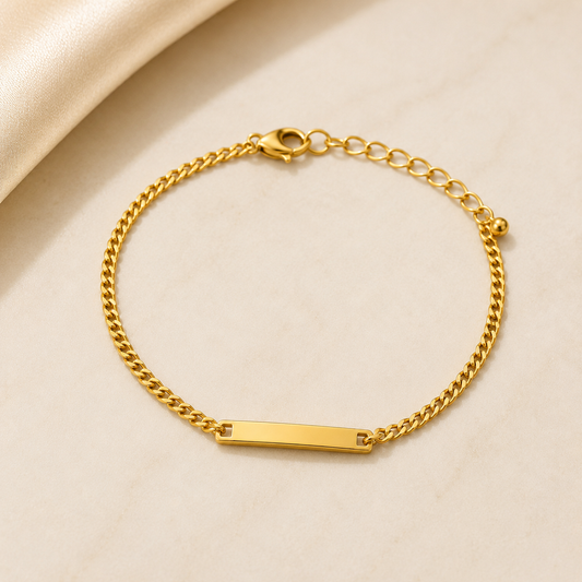 Gold Engravable Curb Chain Bar Bracelet