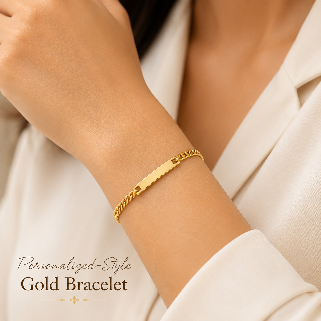 Gold Engravable Curb Chain Bar Bracelet