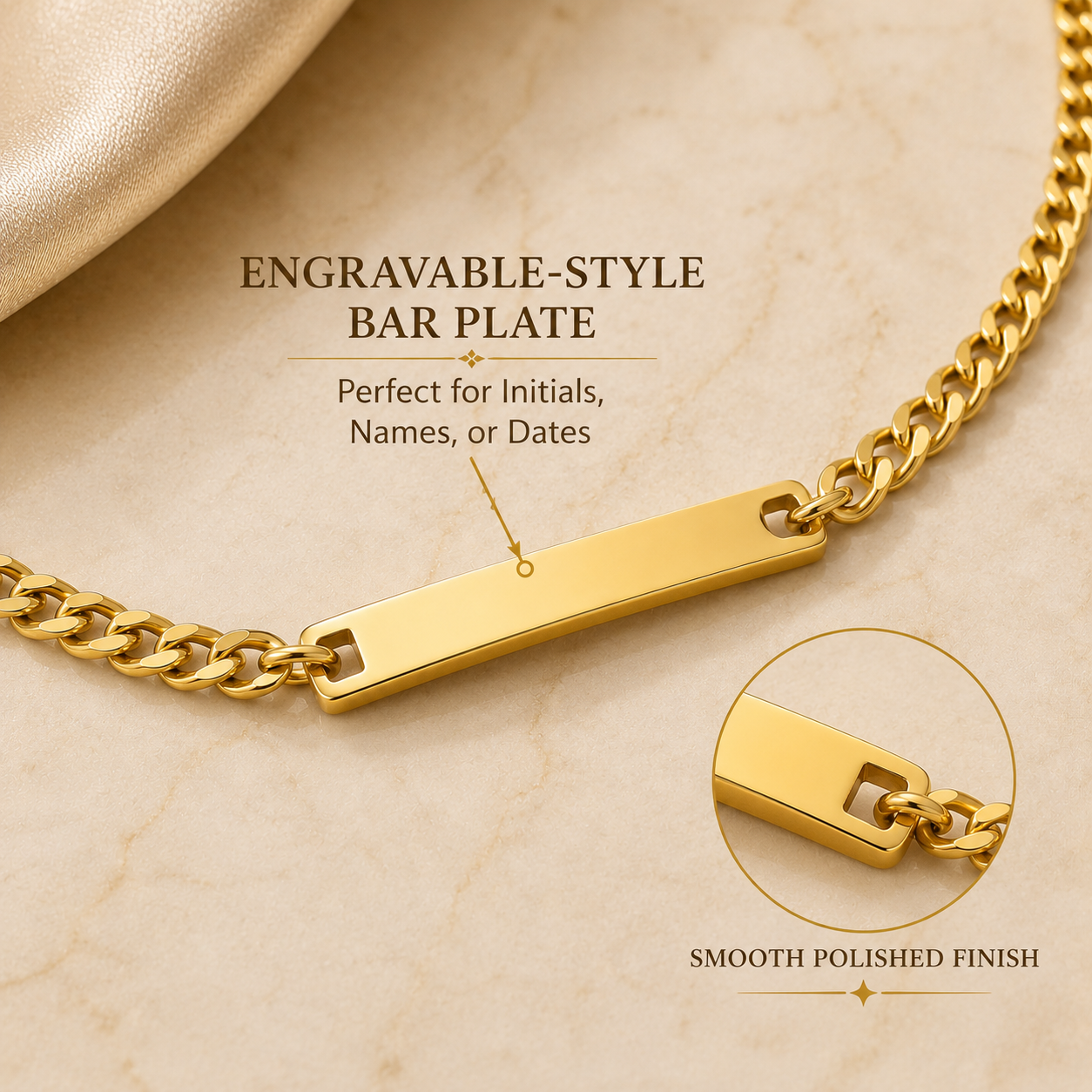 Gold Engravable Curb Chain Bar Bracelet