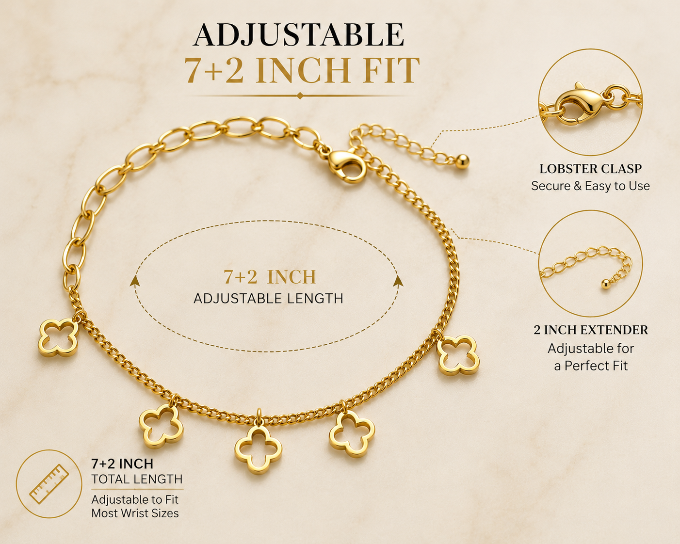 Gold Lucky Clover Charm Bracelet