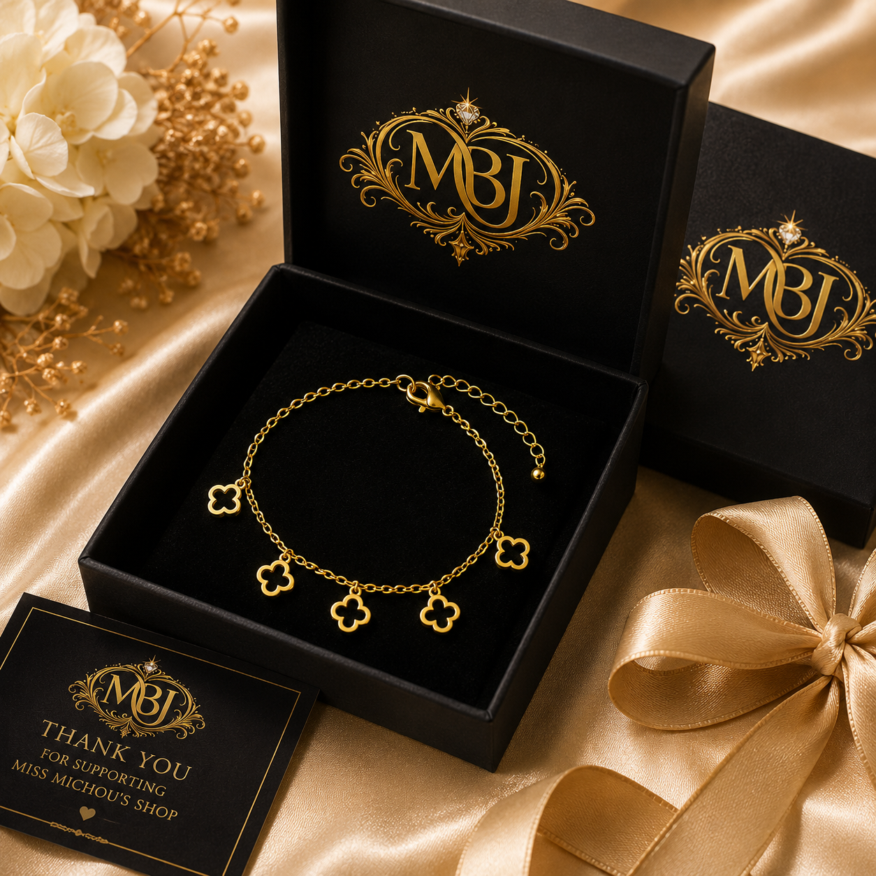 Gold Lucky Clover Charm Bracelet
