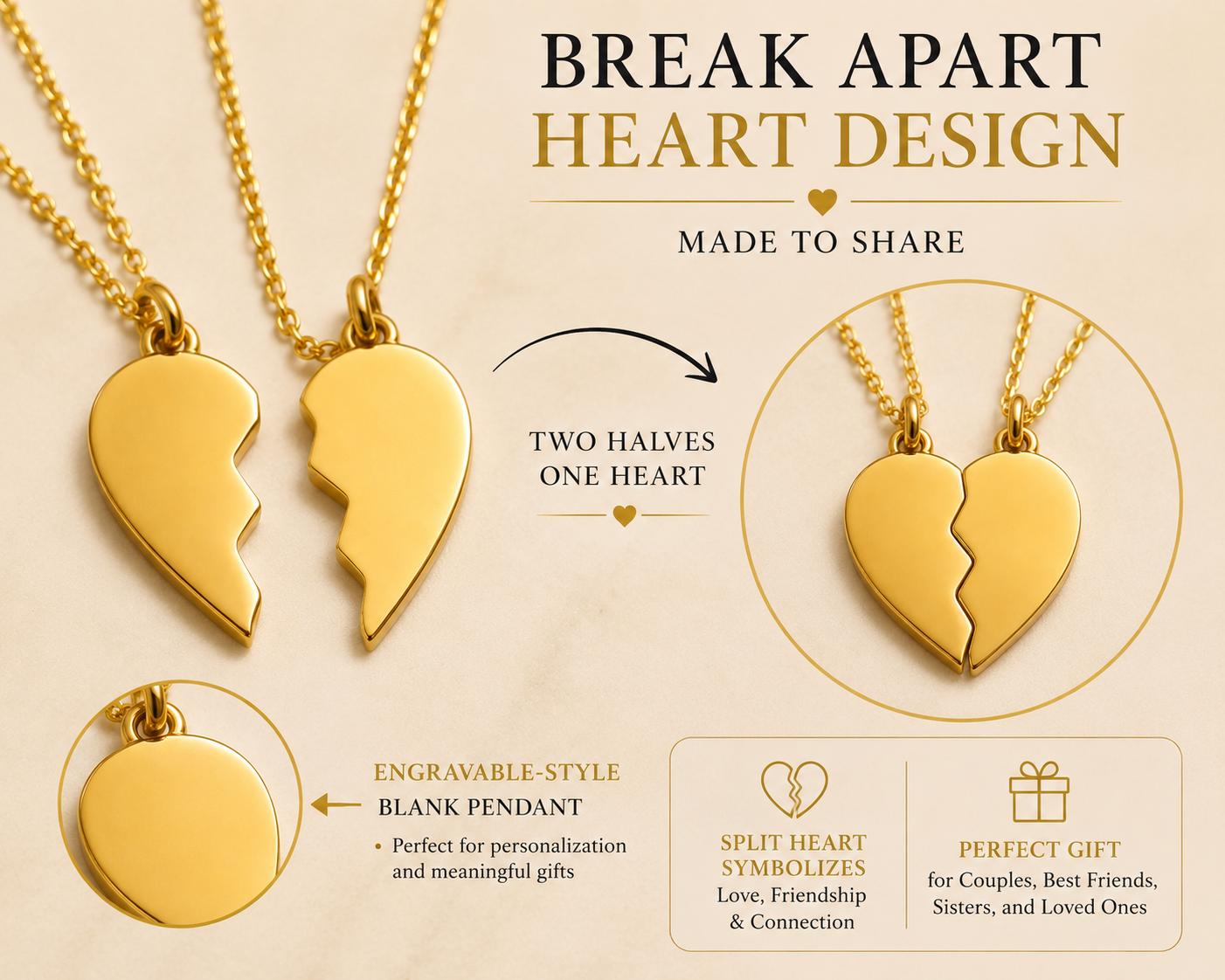 Gold Break Apart Heart Necklace Set