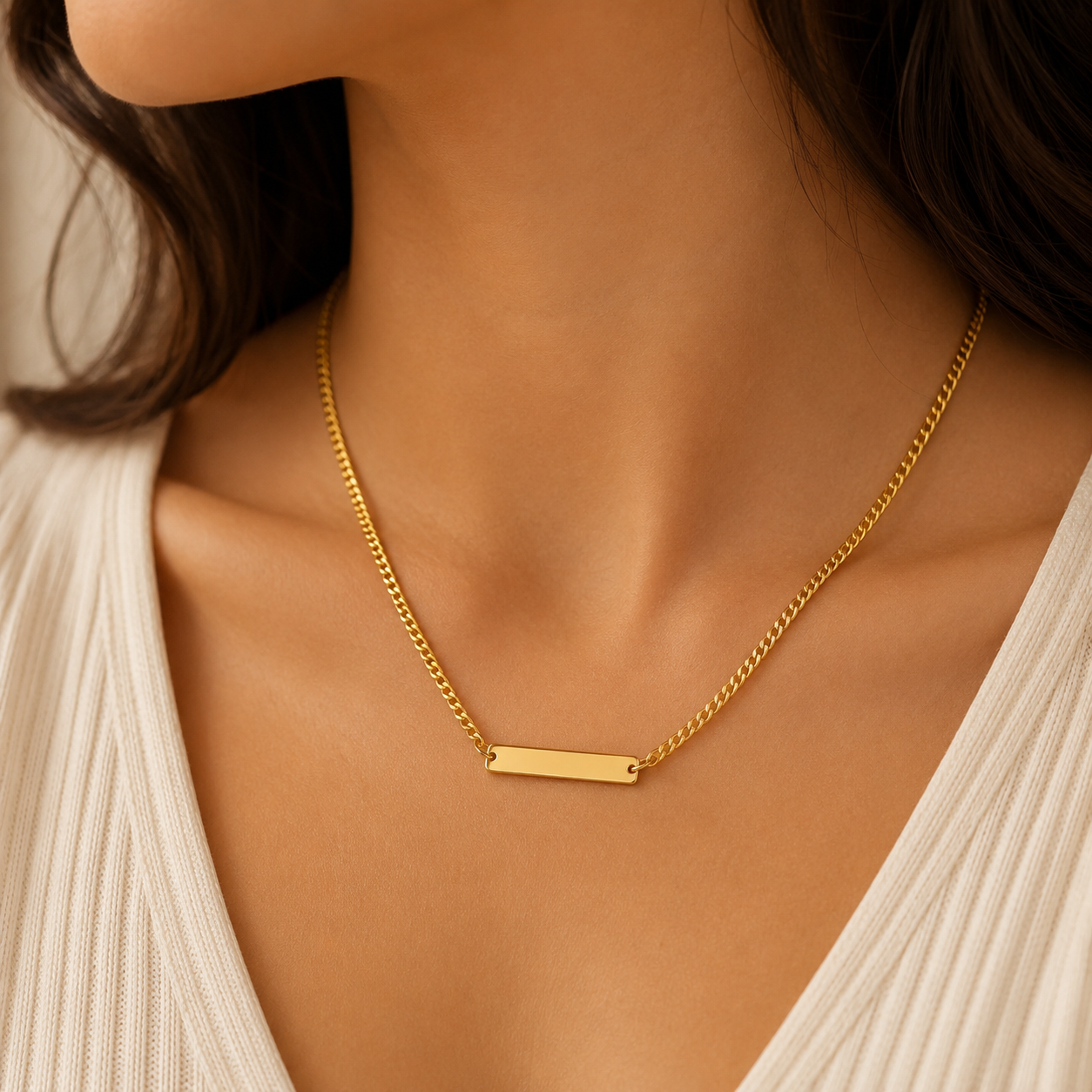 Gold Engravable Curb Chain Bar Necklace