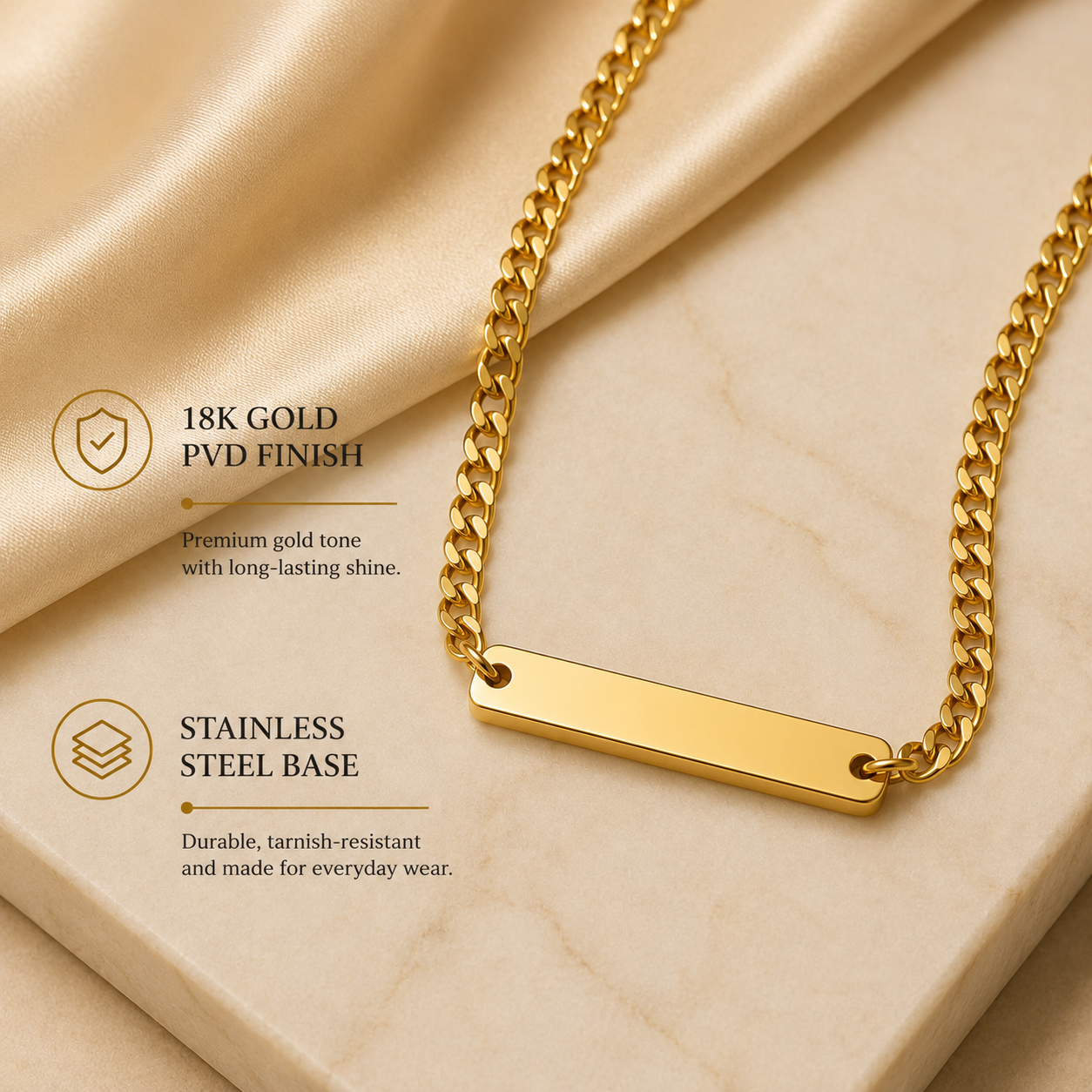 Gold Engravable Curb Chain Bar Necklace