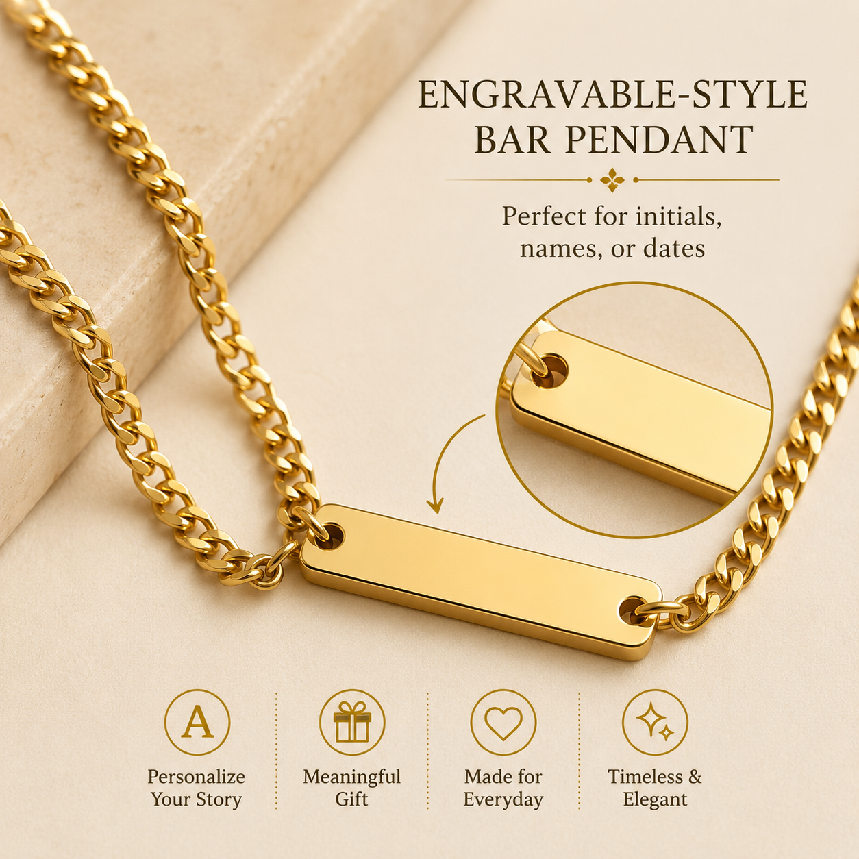 Gold Engravable Curb Chain Bar Necklace
