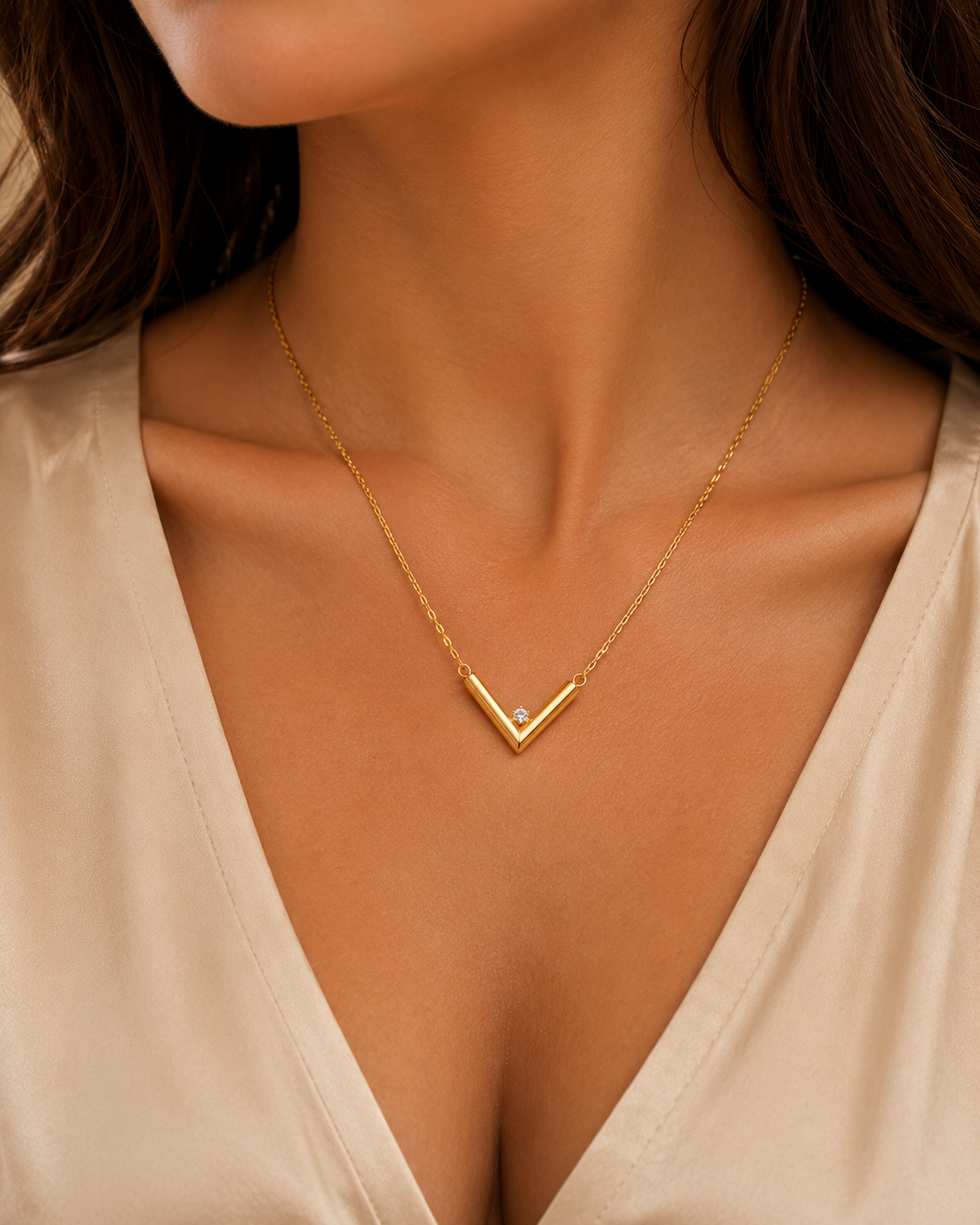 Gold PVD Stainless Steel V-Shaped Pendant Necklace