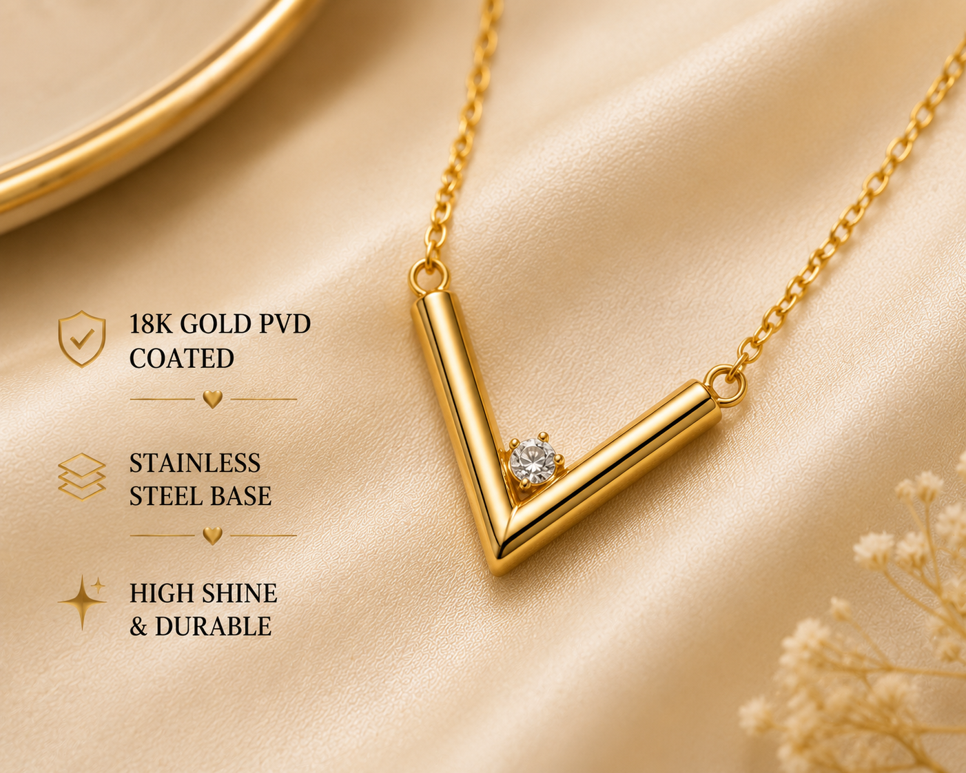 Gold PVD Stainless Steel V-Shaped Pendant Necklace