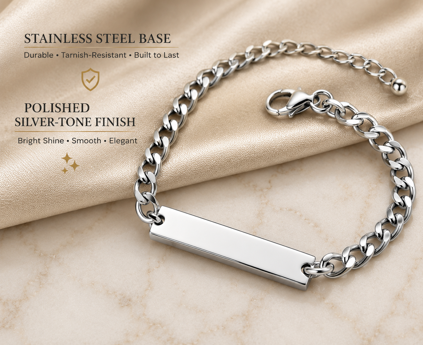 Silver Engravable Curb Chain Bar Bracelet