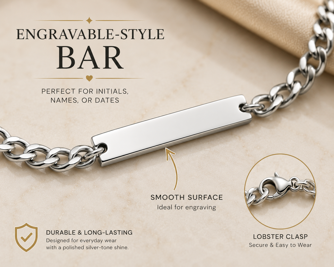 Silver Engravable Curb Chain Bar Bracelet