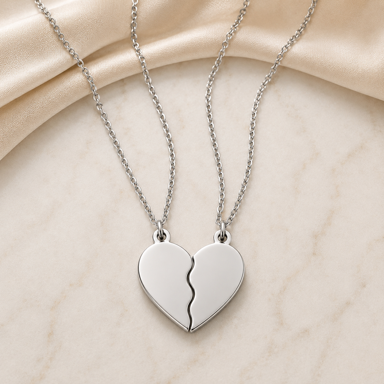 Silver Break Apart Engravable Heart Necklace Set