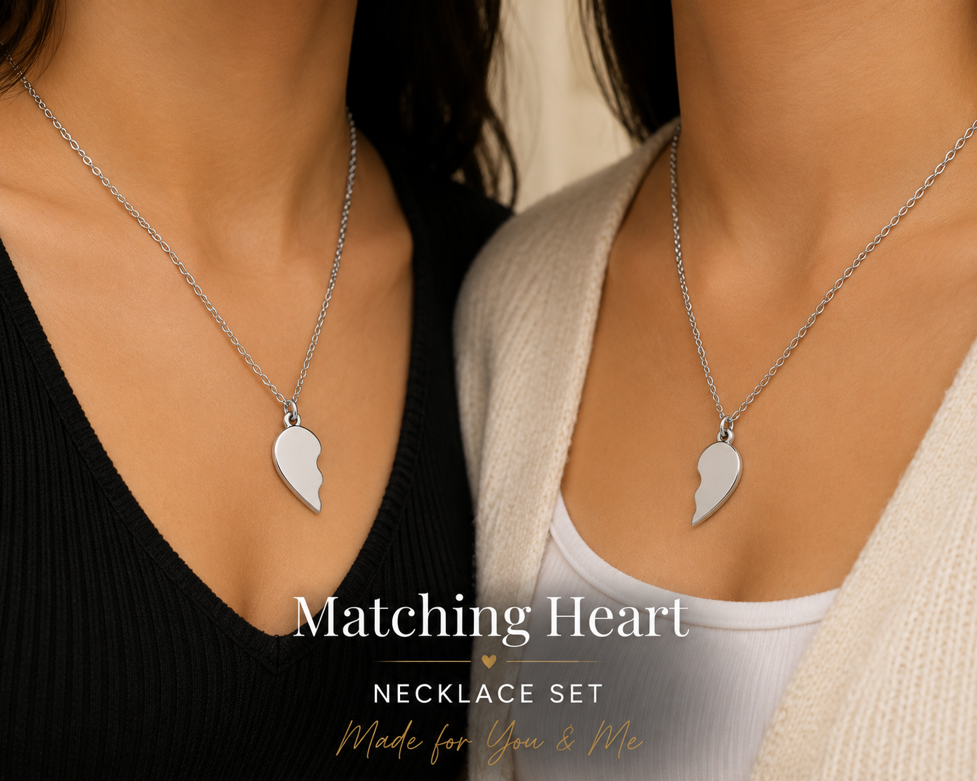 Silver Break Apart Engravable Heart Necklace Set
