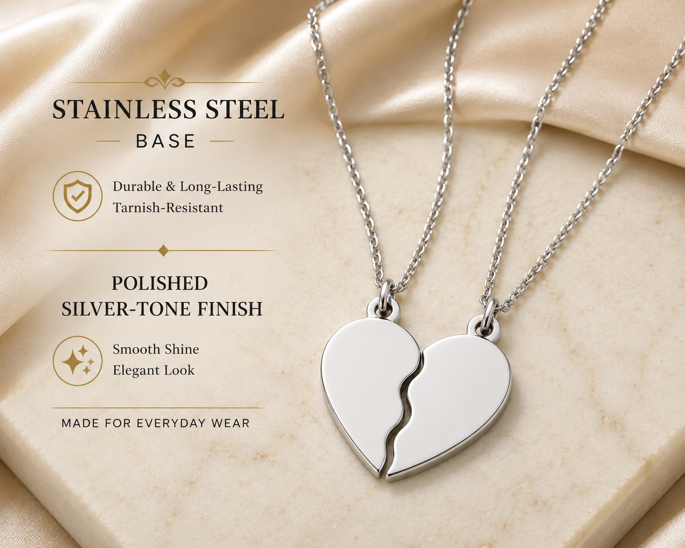 Silver Break Apart Engravable Heart Necklace Set