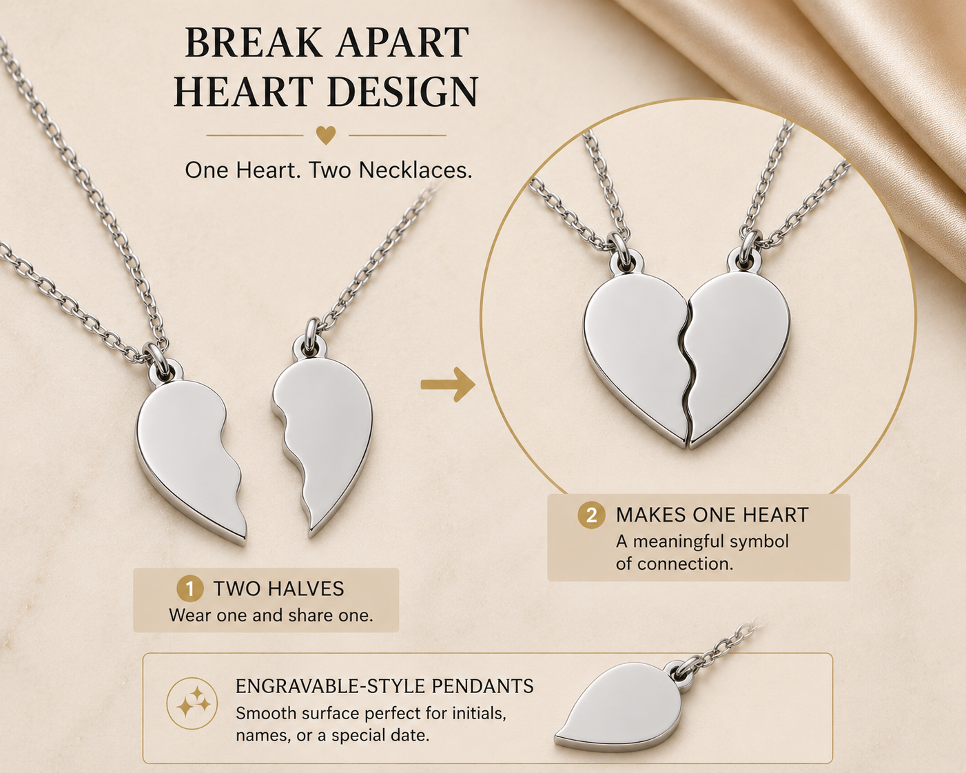 Silver Break Apart Engravable Heart Necklace Set