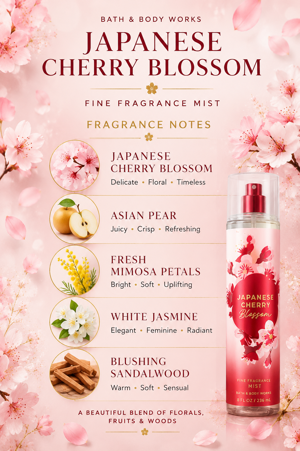 Bath & Body Works Japanese Cherry Blossom Fine Fragrance Mist – 8 fl oz / 236 mL