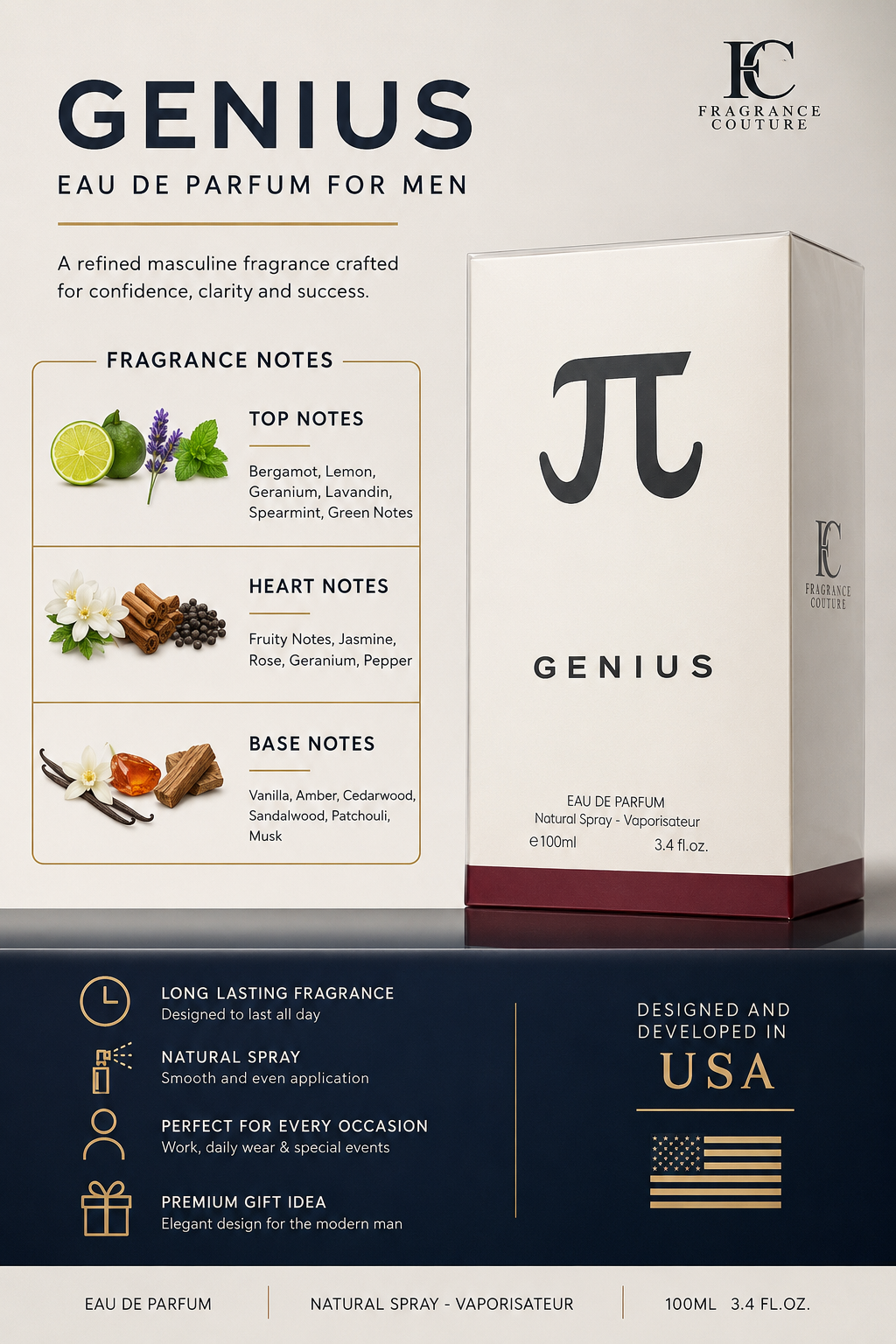 Genius Eau de Parfum for Men 100ml (3.4 fl oz) – Fragrance Couture Premium Men's Cologne