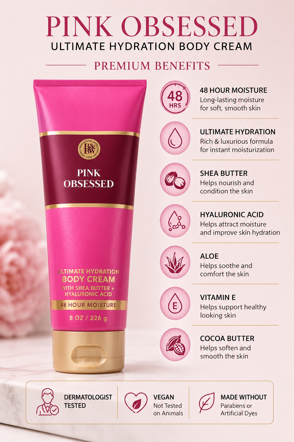 Bath & Body Works Pink Obsessed Ultimate Hydration Body Cream with Shea Butter & Hyaluronic Acid – 8 oz (226 g)